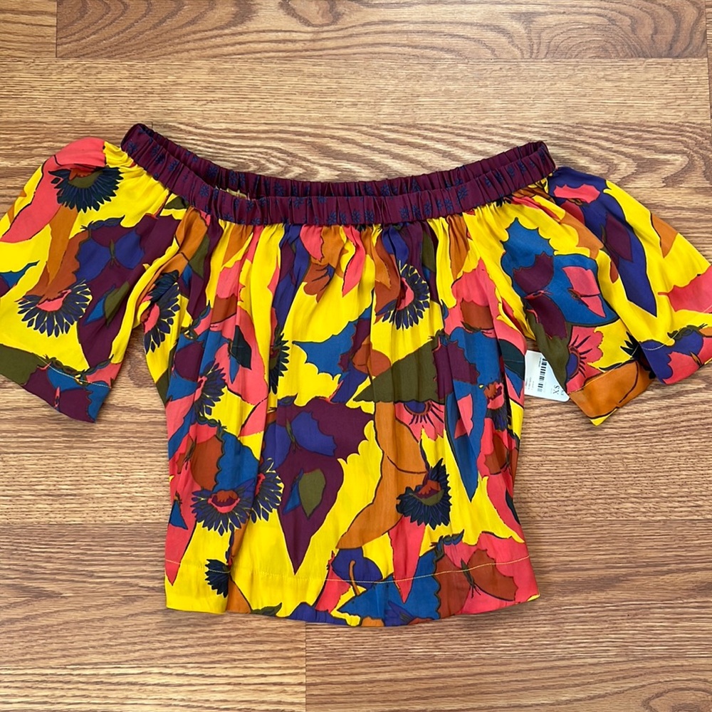 Free People Gold Orange Floral Off Shoulder Top